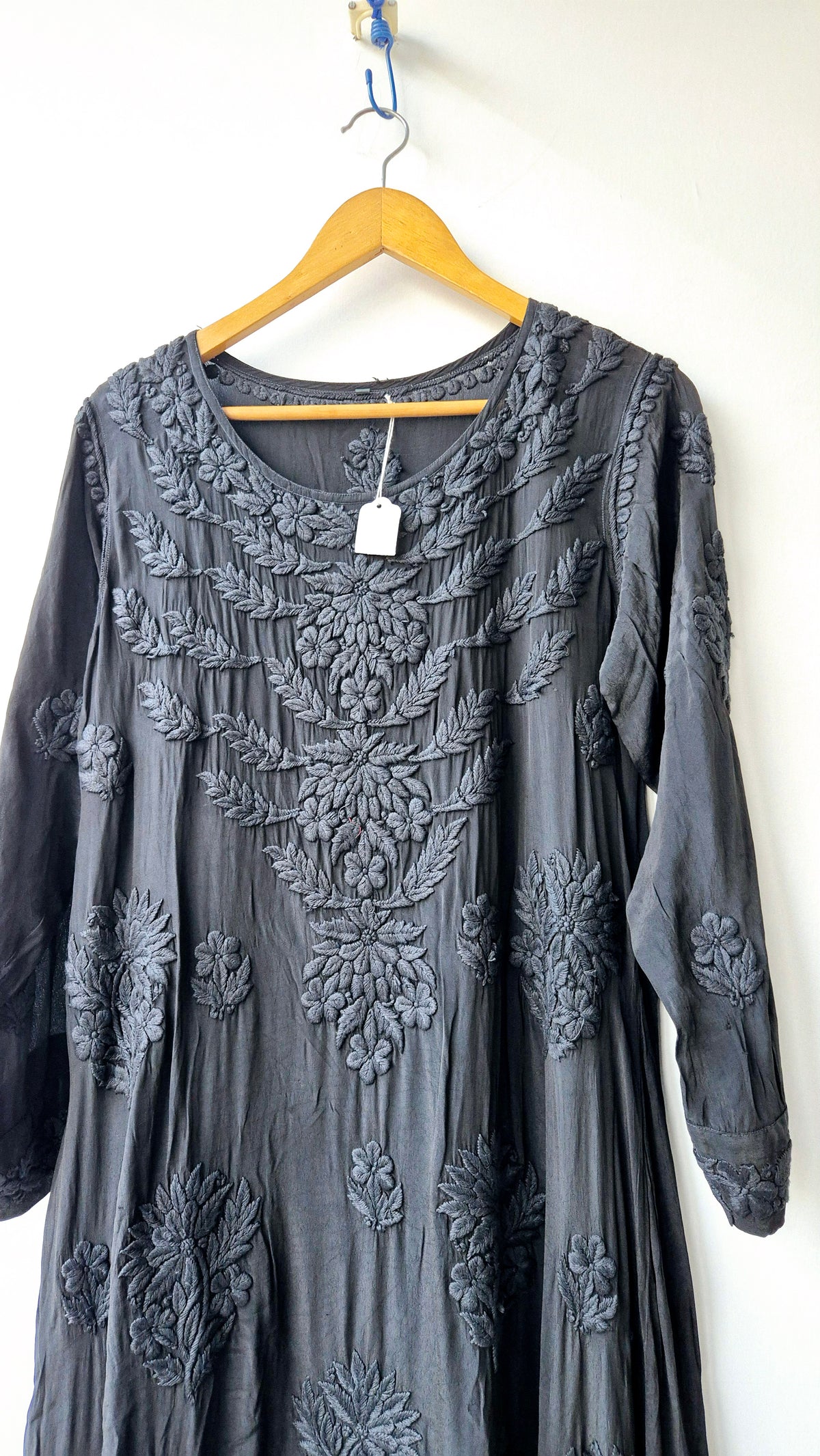 Blackish premium silk Anarkali Chikankari dress by LVW Fashions, featuring intricate handmade Lucknow Chikankari embroidery.