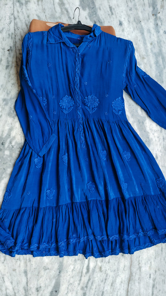 Green silk handmade midi shirt dress by LVW Fashions featuring traditional Lucknow Chikankari embroidery.