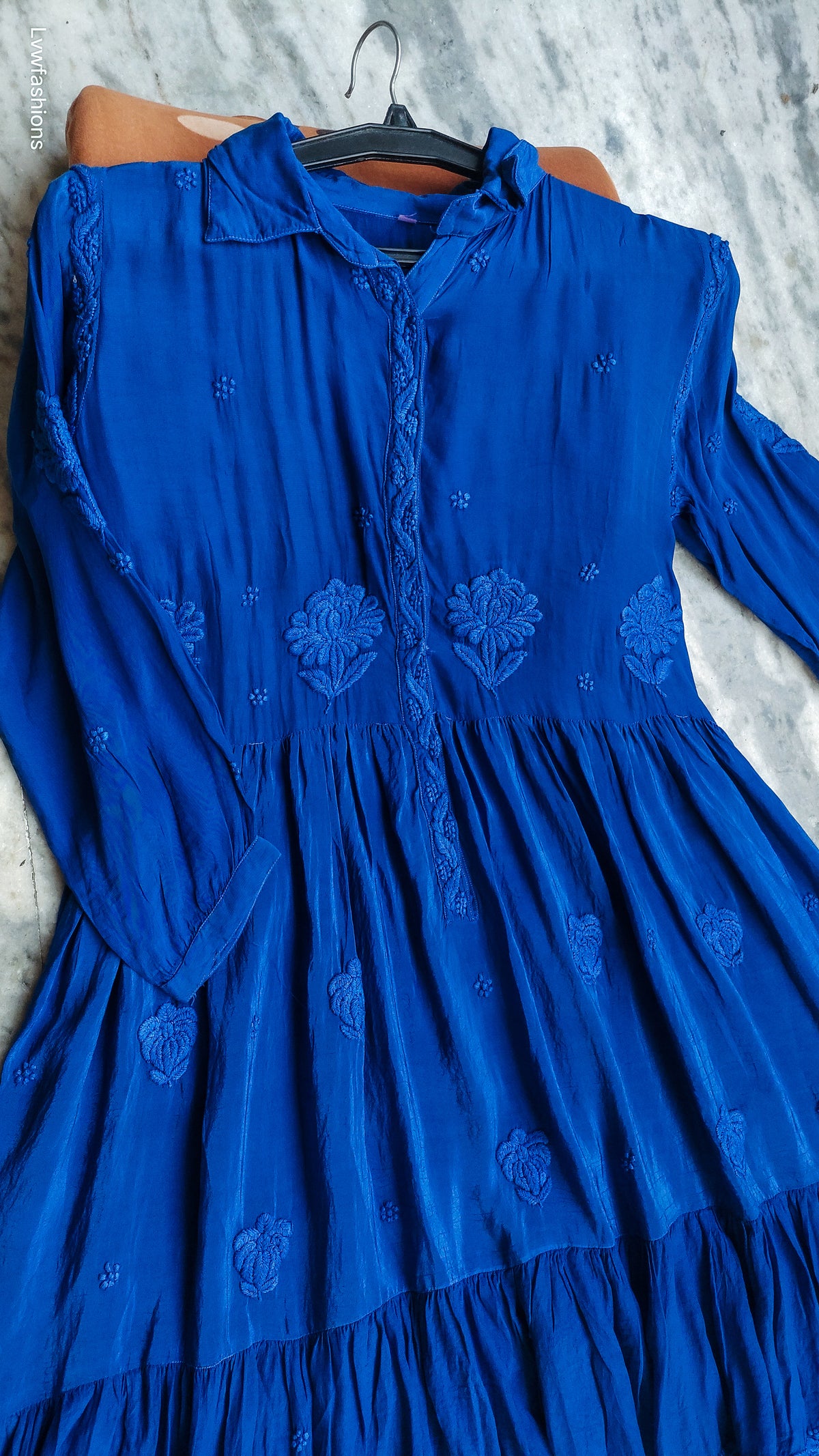 Green silk handmade midi shirt dress by LVW Fashions featuring intricate Lucknow Chikankari embroidery.