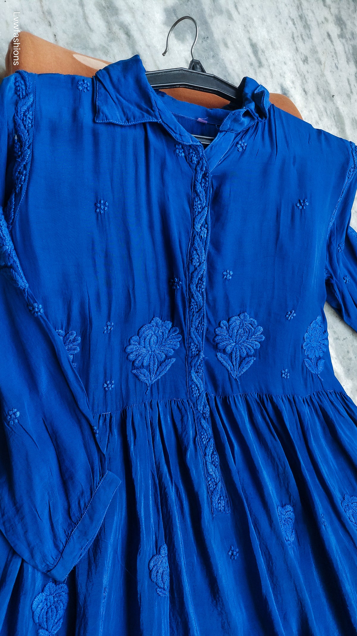 Green silk handmade midi shirt dress with intricate Lucknow Chikankari embroidery by LVW Fashions, crafted in pure silk.