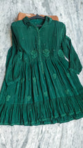 Green silk handmade midi shirt dress with intricate Lucknow Chikankari embroidery by LVW Fashions, crafted with traditional craftsmanship.