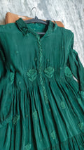 Green silk handmade midi shirt dress with intricate Chikankari embroidery by LVW Fashions, crafted in Lucknow.