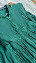 Green silk handmade midi shirt dress with intricate Lucknow Chikankari embroidery by LVW Fashions, crafted with traditional craftsmanship.