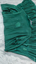 Green silk handmade midi shirt dress by LVW Fashions featuring traditional Lucknow Chikankari embroidery.