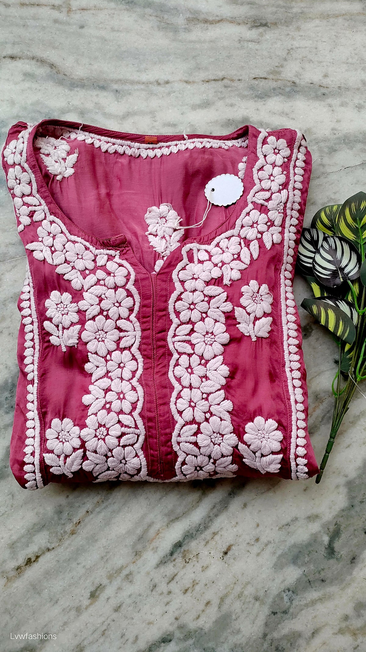 Isabelline premium silk handmade Chikankari A-line dress by LVW Fashions, featuring intricate Lucknow Chikankari embroidery.