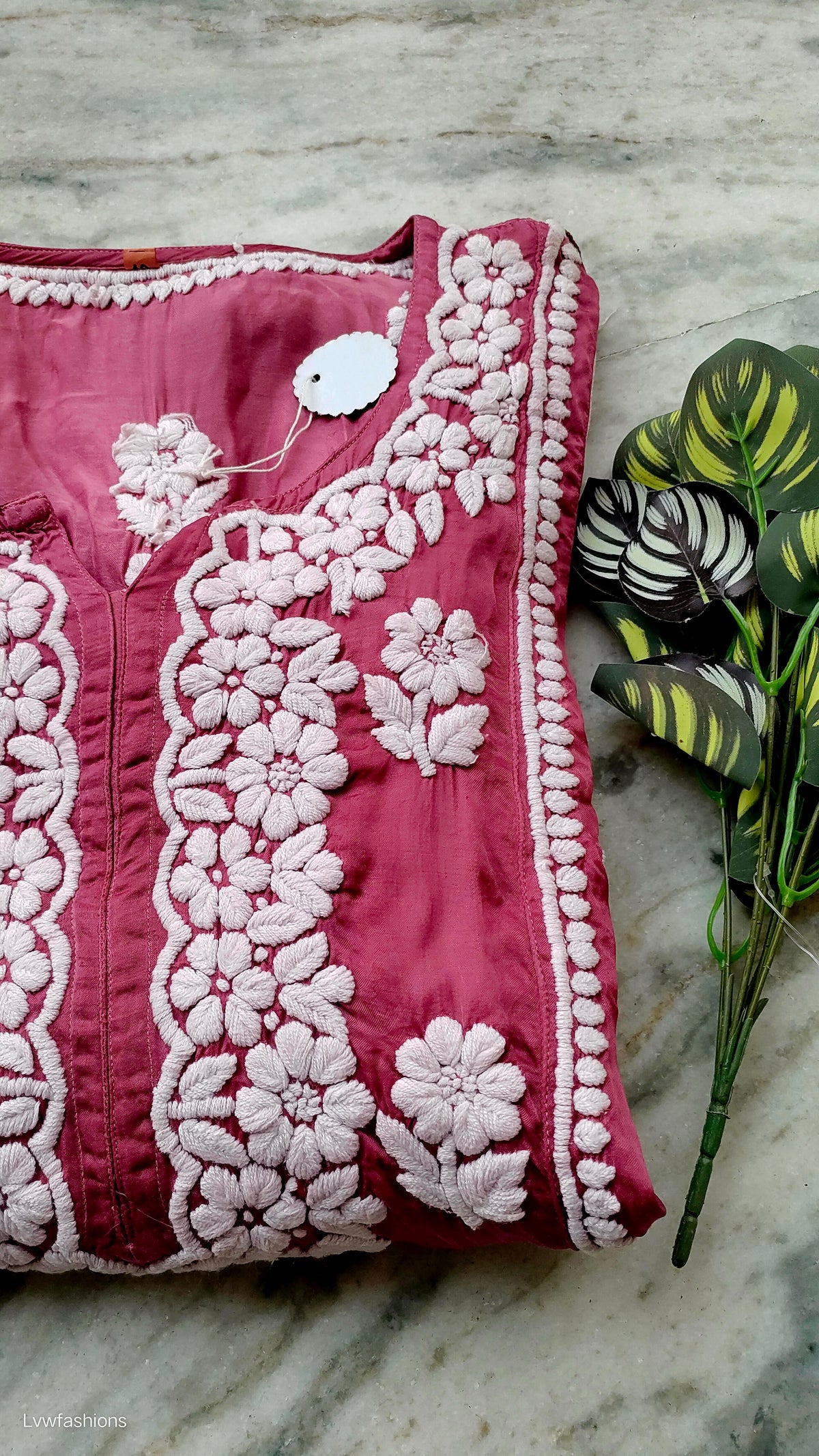 Isabelline premium silk handmade chikankari A-line dress by LVW Fashions, featuring intricate Lucknow chikankari embroidery.
