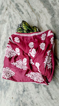 Isabelline premium silk handmade Chikankari A-line dress by LVW Fashions featuring intricate Lucknow Chikankari embroidery.