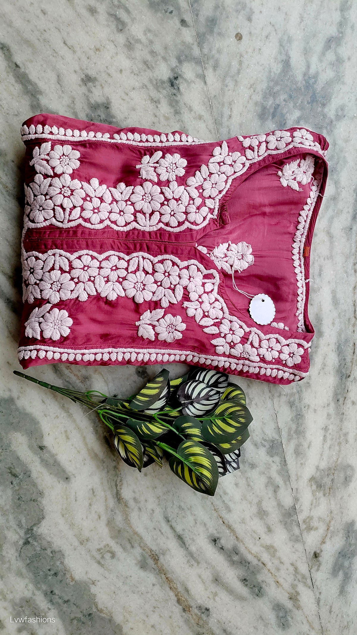 Isabelline premium silk handmade Chikankari A-line dress by LVW Fashions featuring intricate Lucknow chikankari embroidery.