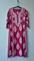 Isabelline premium silk handmade Chikankari A-line dress by LVW Fashions, showcasing intricate Lucknow Chikankari embroidery.