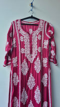 Isabelline premium silk handmade Chikankari A-line dress by LVW Fashions, featuring intricate Lucknow Chikankari embroidery.