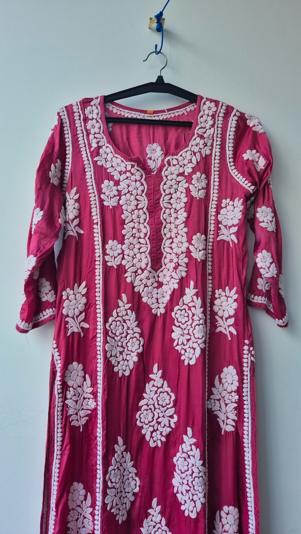 Isabelline premium silk handmade Chikankari A-line dress by LVW Fashions, featuring intricate Lucknow Chikankari embroidery.