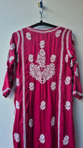 Isabelline premium silk handmade Chikankari A-line dress by LVW Fashions, featuring intricate Lucknow-style embroidery.