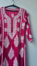 Isabelline premium silk handmade Chikankari A-line dress by LVW Fashions featuring intricate Lucknow Chikankari embroidery