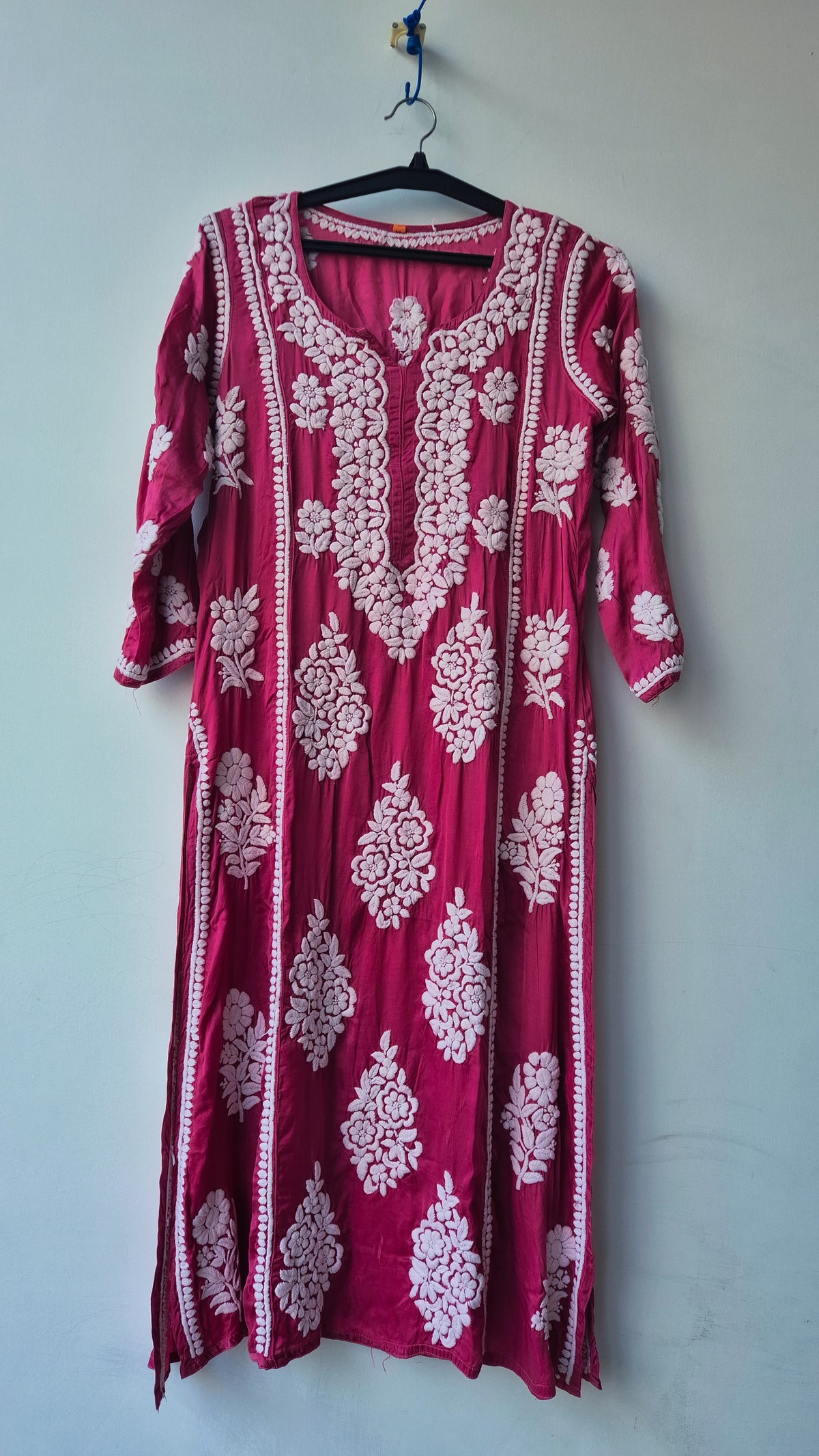 Isabelline premium silk handmade Chikankari A-line dress by LVW Fashions, featuring intricate Lucknow embroidery and craftsmanship.