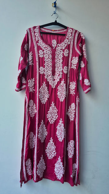 Isabelline premium silk handmade Chikankari A-line dress by LVW Fashions, featuring intricate Lucknow embroidery and craftsmanship.