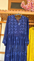 Nazia premium georgette long dress with intricate Lucknow chikankari embroidery, handmade by LVW Fashions.