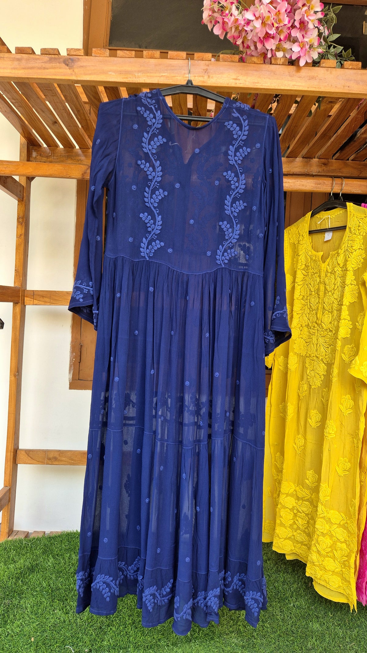 Nazia premium georgette long dress with intricate Lucknow chikankari embroidery by LVW Fashions, showcasing luxurious handmade craftsmanship.