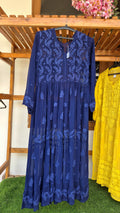 Nazia premium georgette long dress with intricate white chikankari embroidery, handmade by LVW Fashions in Lucknow.
