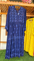 Nazia premium georgette long dress with intricate Lucknow chikankari embroidery, handmade by LVW Fashions.