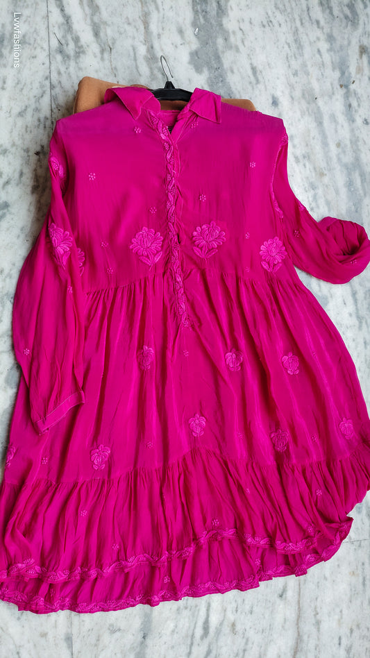Pure handcrafted Chikankari silk midi shirt dress by LVW Fashions featuring intricate Lucknow Chikankari embroidery in pista color.