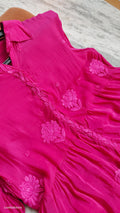Pure handcrafted Chikankari silk midi shirt dress by LVW Fashions with intricate Lucknow Chikankari in pista color.