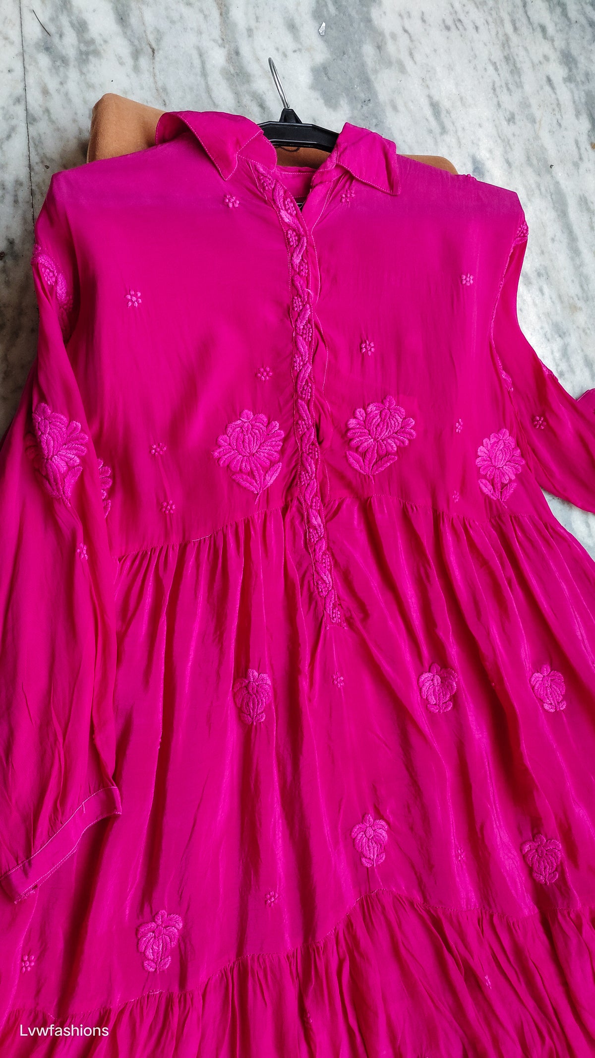 Pure handcrafted Chikankari silk midi shirt dress by LVW Fashions, featuring intricate Lucknow Chikankari embroidery in pista color.