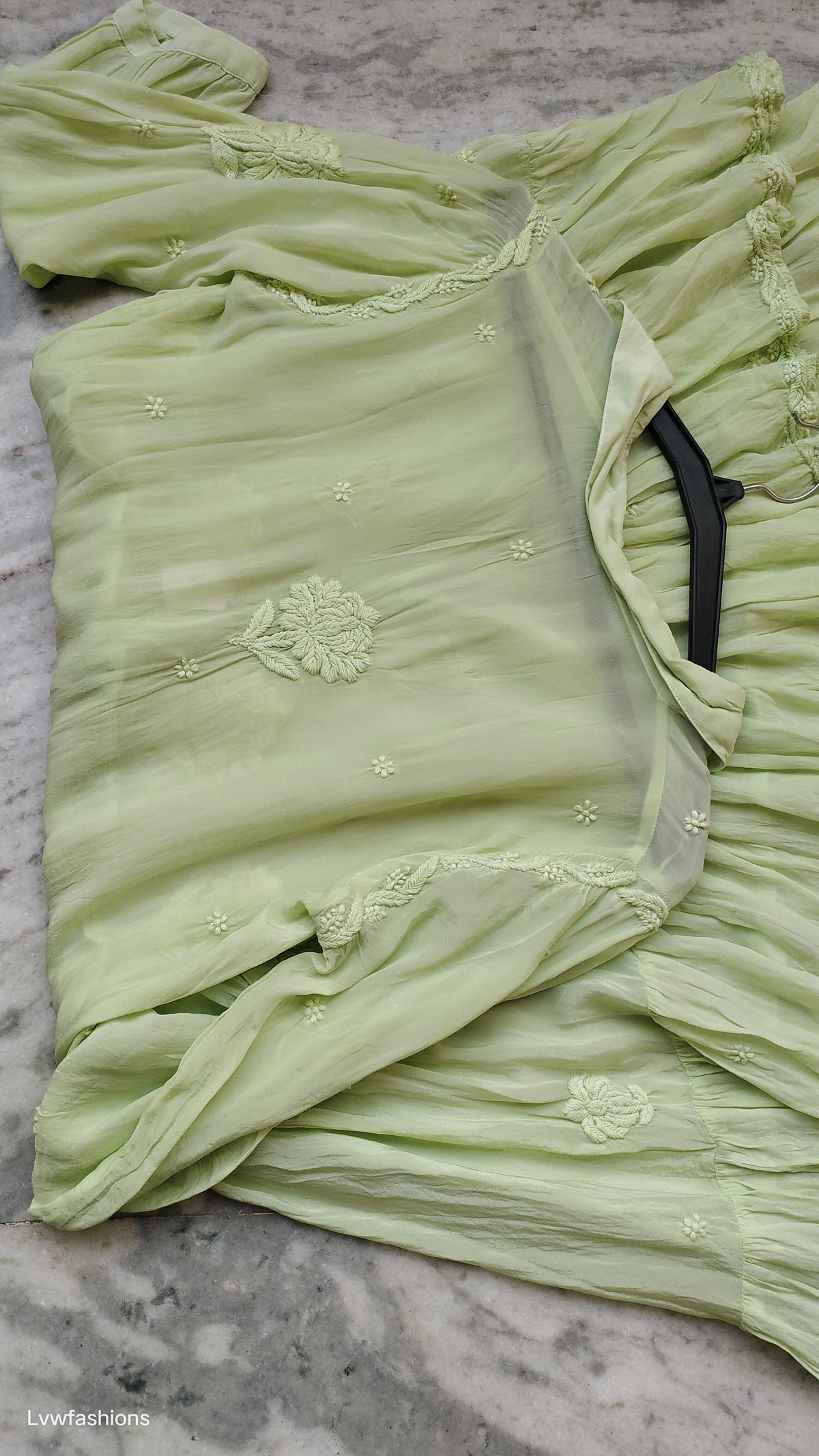 Pure handcrafted Chikankari premium silk midi shirt dress by LVW Fashions featuring intricate Lucknow Chikankari embroidery on pista green fabric.