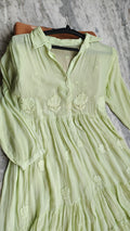 Pure handcrafted Chikankari premium silk midi shirt dress by LVW Fashions, in pista green with intricate Lucknow Chikankari embroidery.