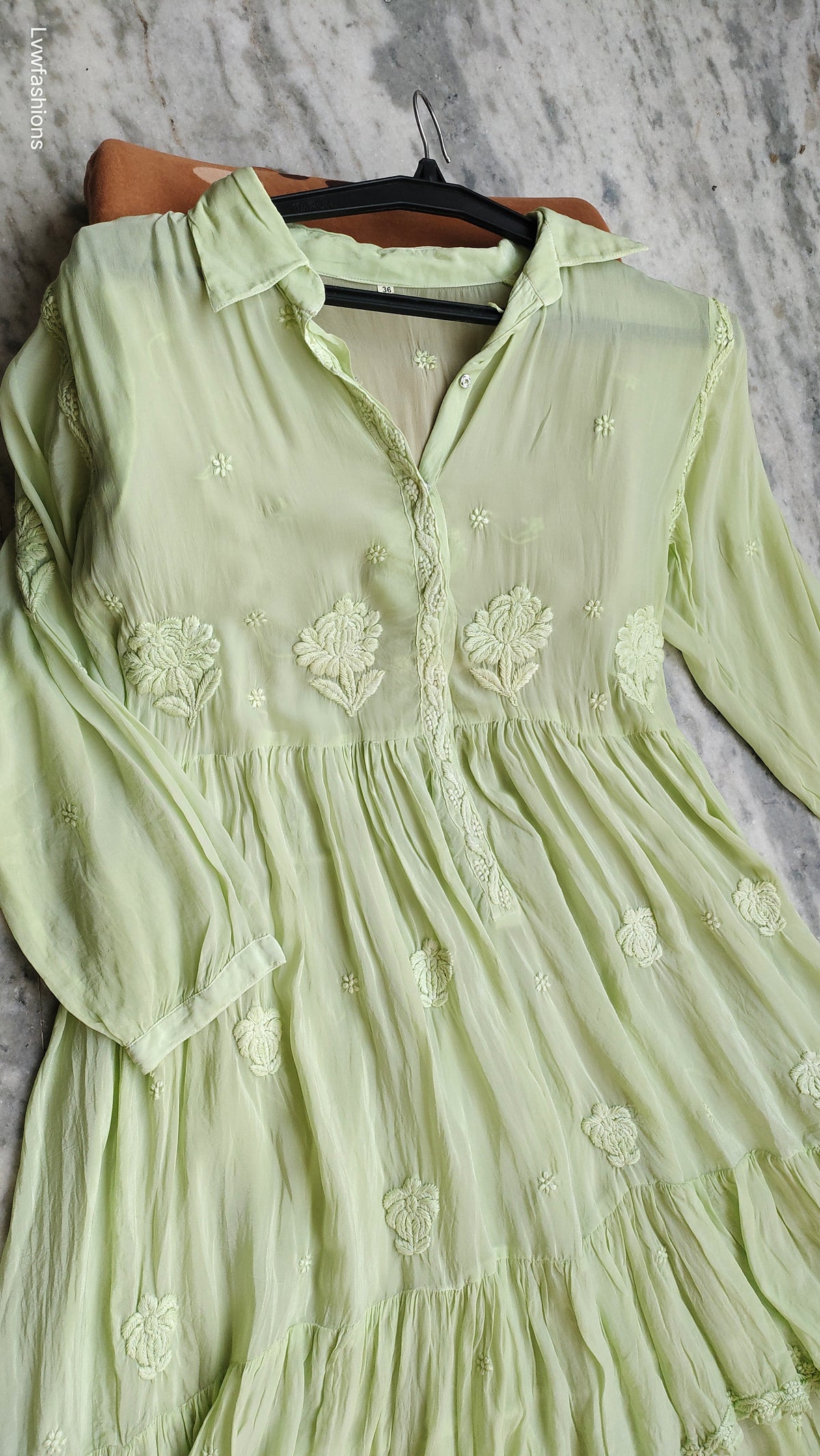 Pure handcrafted Chikankari premium silk midi shirt dress by LVW Fashions, in pista green with intricate Lucknow Chikankari embroidery.