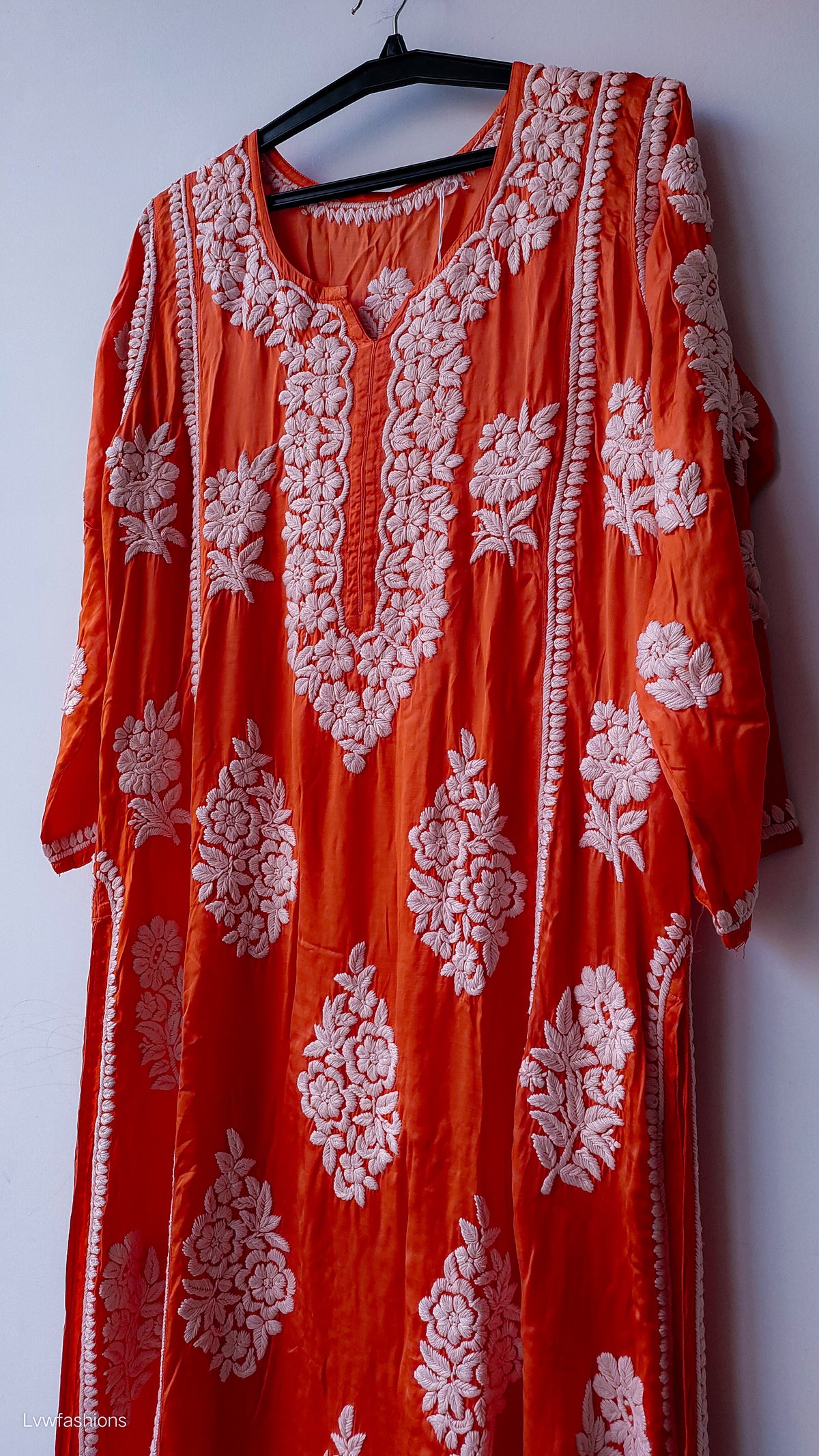 Sinopia premium silk Chikankari long A-line kurta by LVW Fashions, handmade with intricate Lucknow Chikankari embroidery.