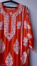Sinopia Premium Silk Chikankari Long A-line Kurta by LVW Fashions featuring intricate Lucknow chikankari embroidery on silk fabric