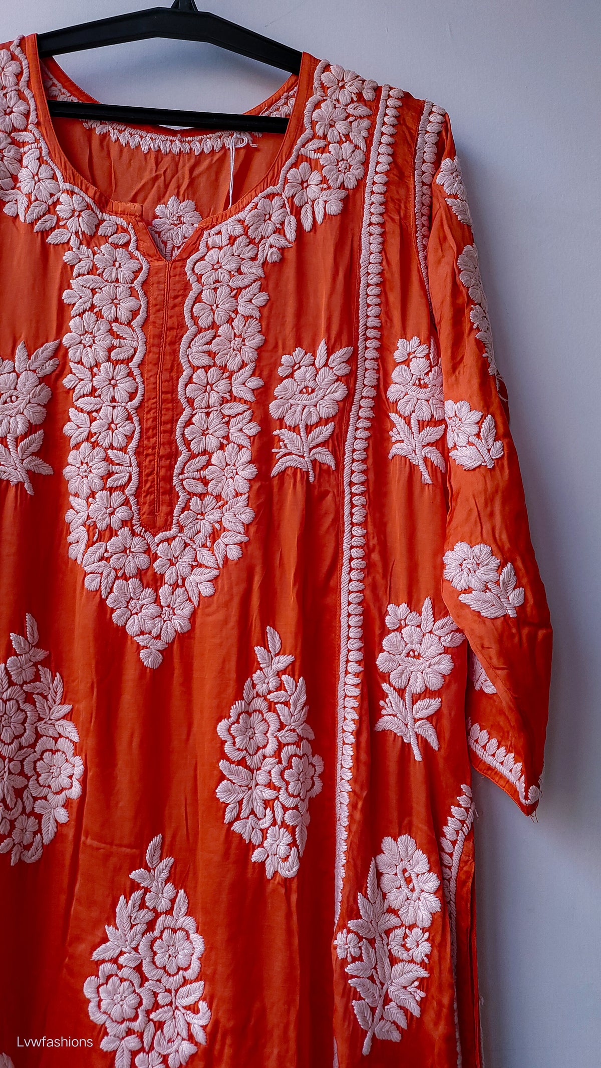 Sinopia Premium Silk Chikankari Long A-line Kurta by LVW Fashions featuring intricate Lucknow chikankari embroidery on silk fabric