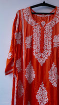 Sinopia premium silk long A-line Kurta with intricate handmade Lucknow Chikankari embroidery by LVW Fashions.