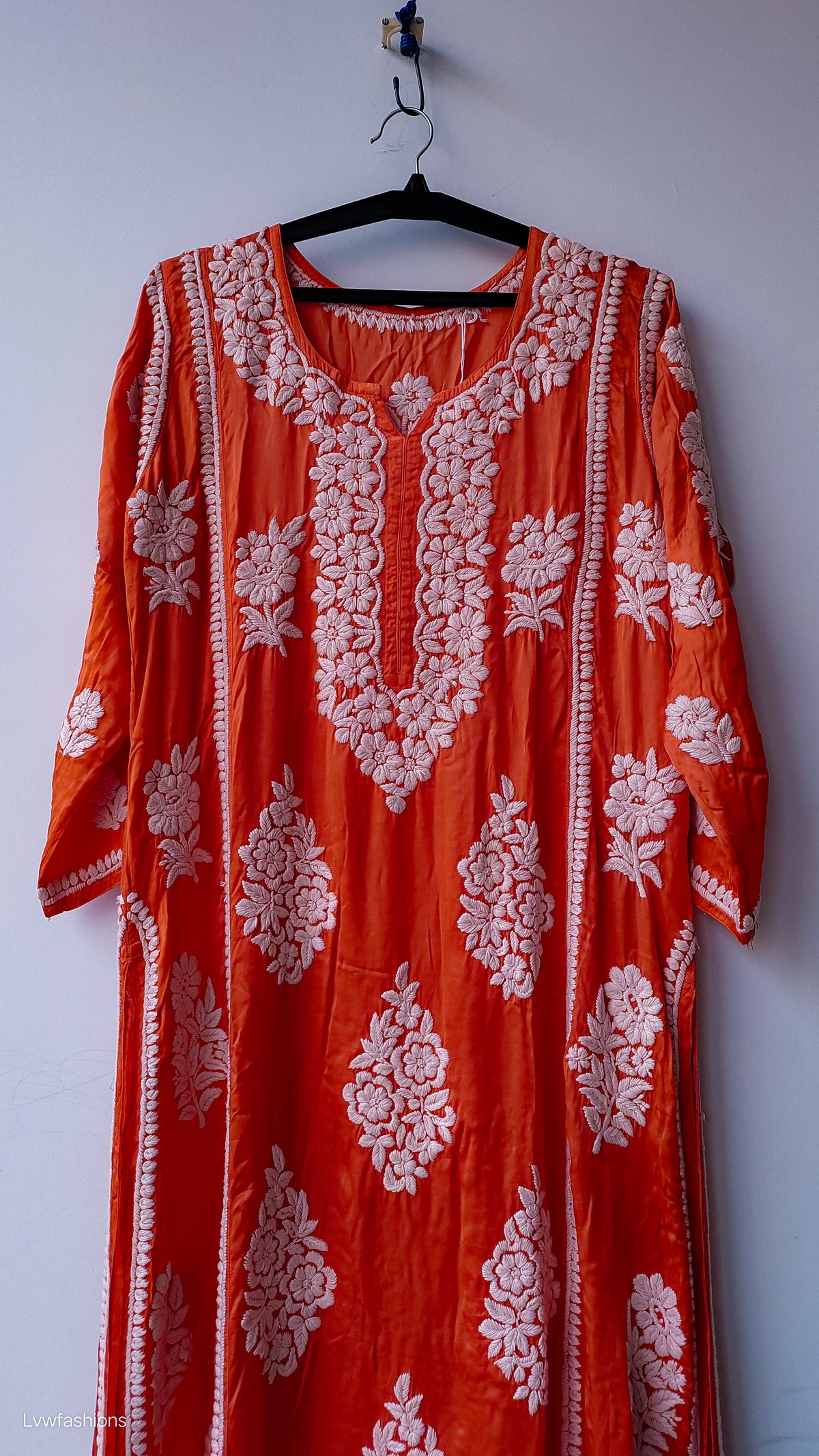 Handmade Sinopia premium silk Chikankari long A-line kurta by LVW Fashions featuring intricate Lucknow Chikankari embroidery.