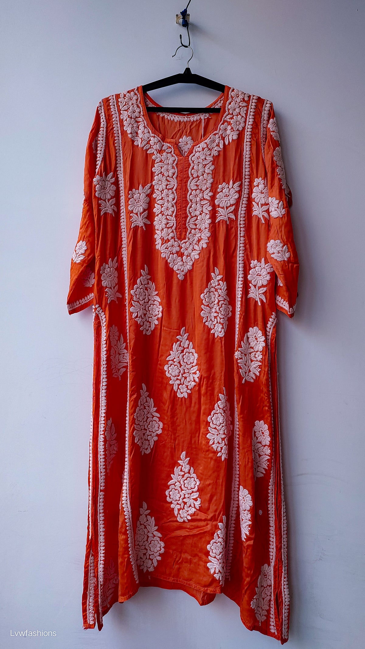 LVW Fashions Sinopia premium silk Chikankari long A-line kurta with intricate handcrafted Lucknow embroidery.