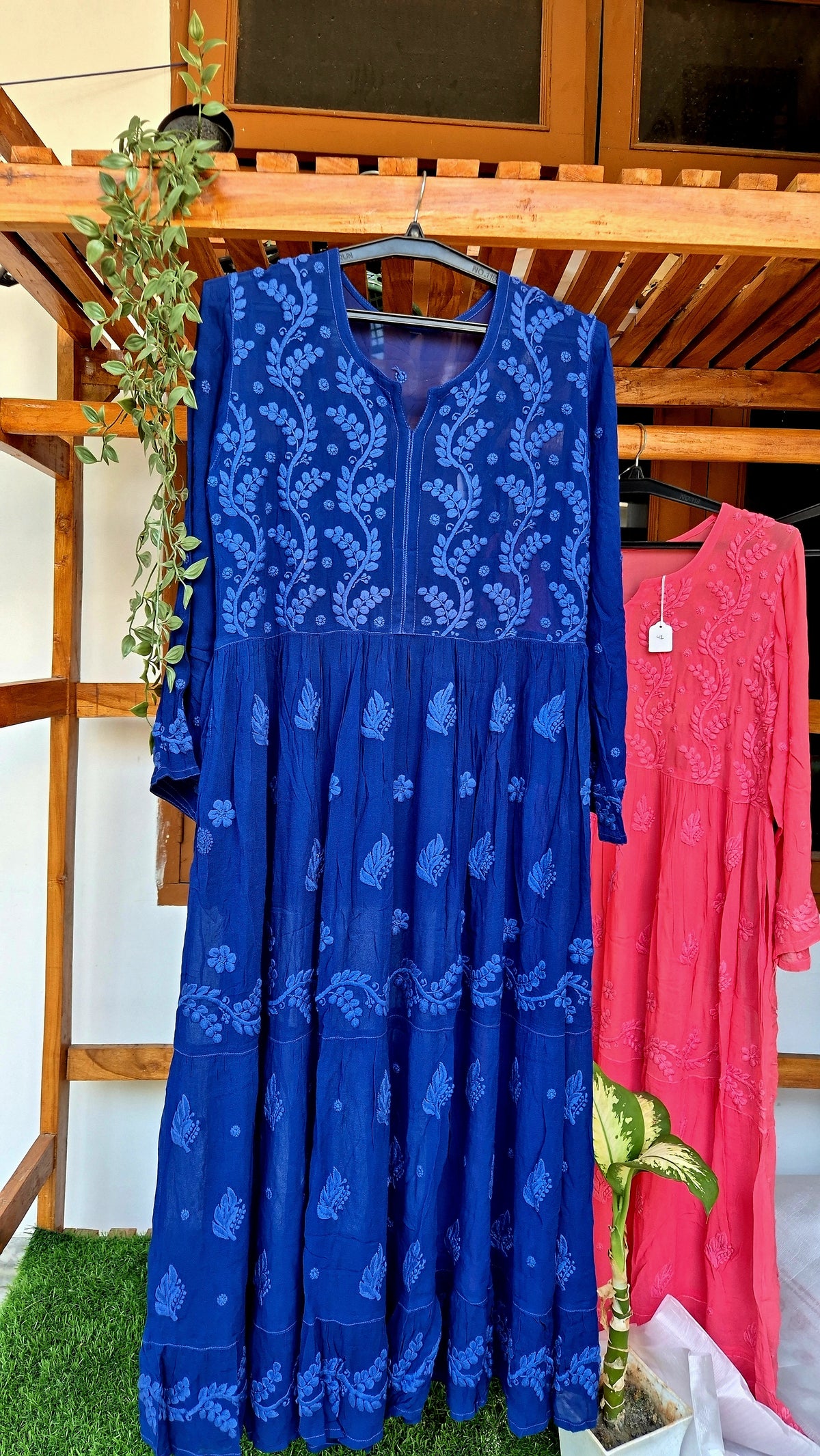 Zeba Premium Georgette Chikankari Gown by LVW Fashions featuring intricate Lucknow-style handmade chikankari embroidery.