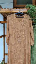 Brown 5 Roses Powder premium Georgette long Kurti with intricate handmade Lucknow Chikankari embroidery by LVW Fashions.
