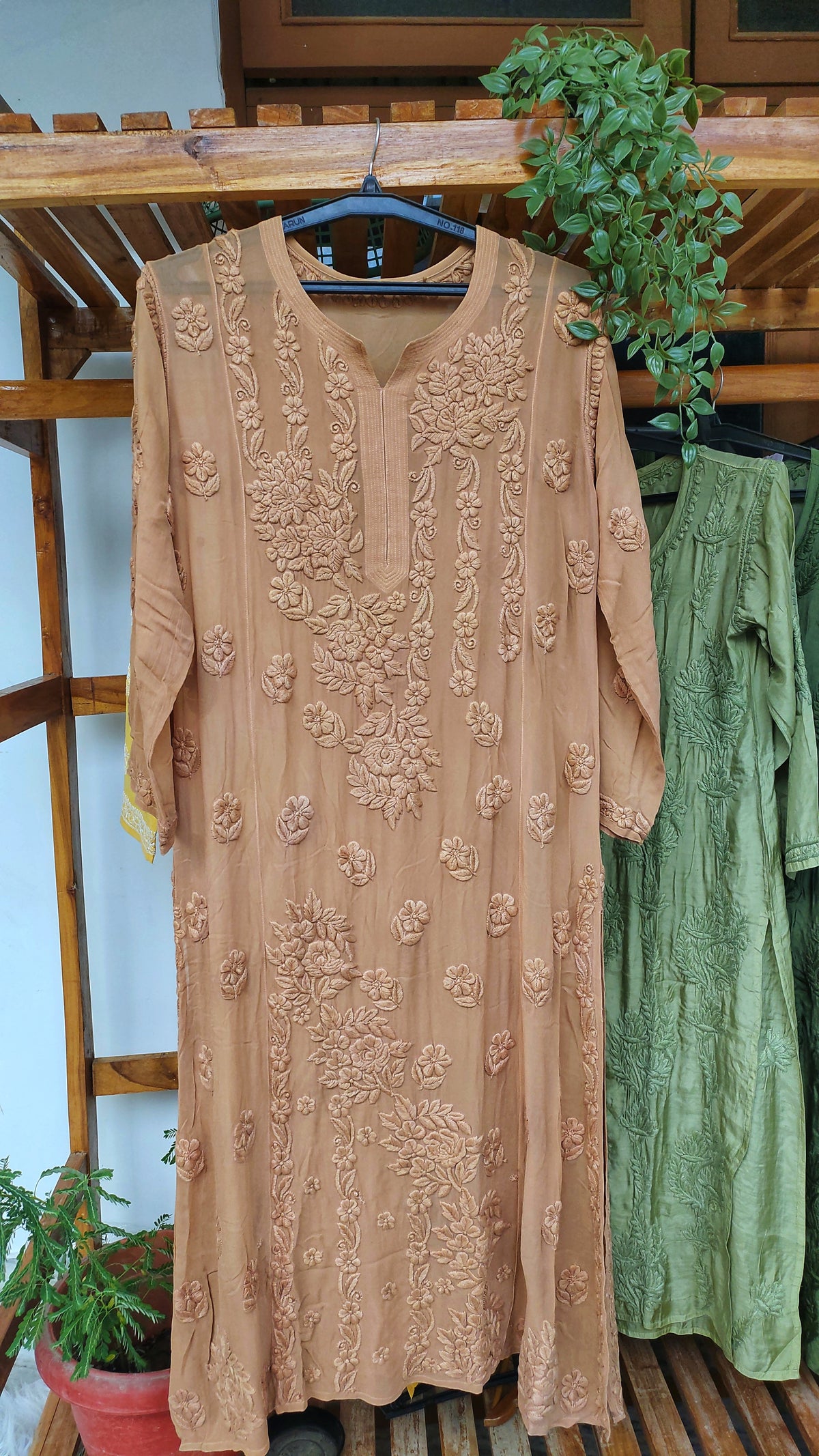 Brown 5 Roses Powder LVW Fashions Chikankari long kurti in premium georgette with intricate handmade Lucknow chikankari embroidery.
