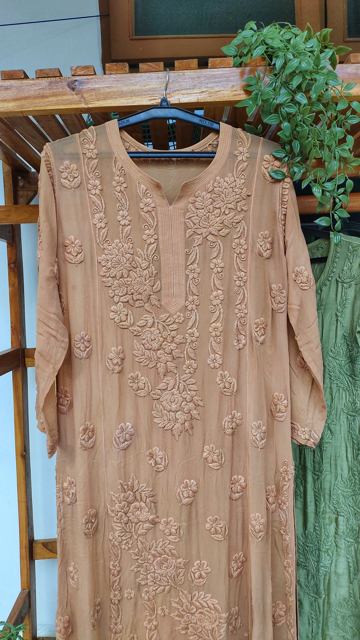 Brown 5 Roses Powder Georgette long Kurti with intricate handmade Lucknow Chikankari embroidery by LVW Fashions.