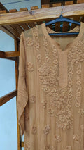 Brown 5 Roses Powder Georgette long Kurti with luxurious Chikankari embroidery, handmade by LVW Fashions in Lucknow style.