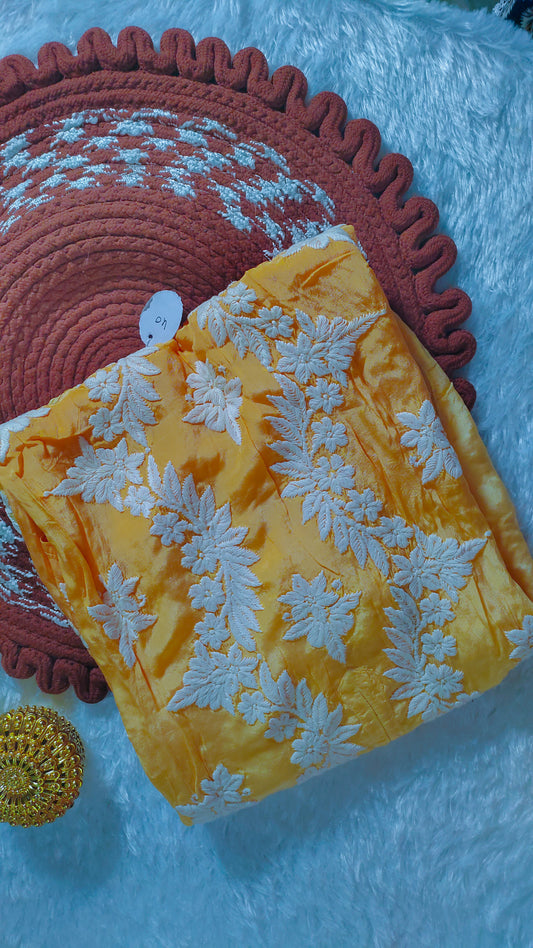 A close-up of LVW Fashions Aariz premium silk Chikankari kurta with heavy daman embroidery, showcasing intricate handmade Lucknow Chikankari details.