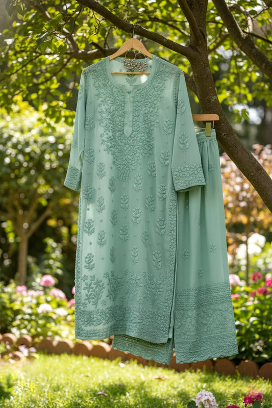 LVW Fashions Adah lace bottom premium georgette Chikankari kurta set with embroidered dupatta, showcasing intricate Lucknow Chikankari embroidery.