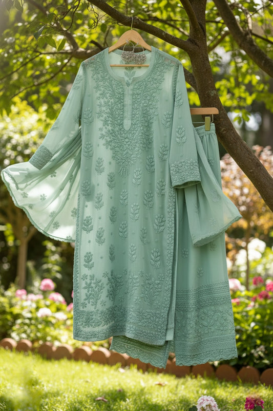 Luxurious Adah lace bottom premium georgette Chikankari kurta set with embroidered dupatta, handmade Lucknow Chikankari by LVW Fashions.