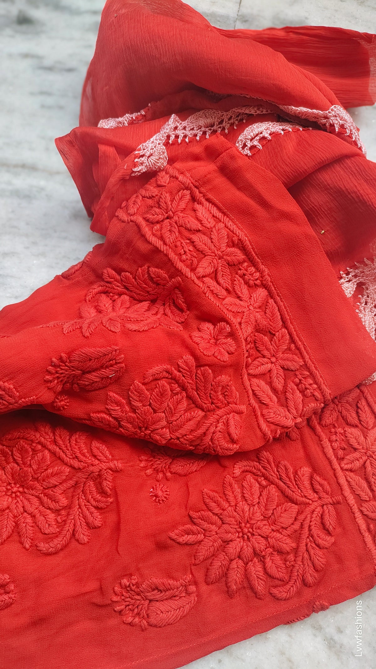 Adaya Chilly Red premium silk Chikankari Kurta set by LVW Fashions, handcrafted Lucknow Chikankari with intricate embroidery.