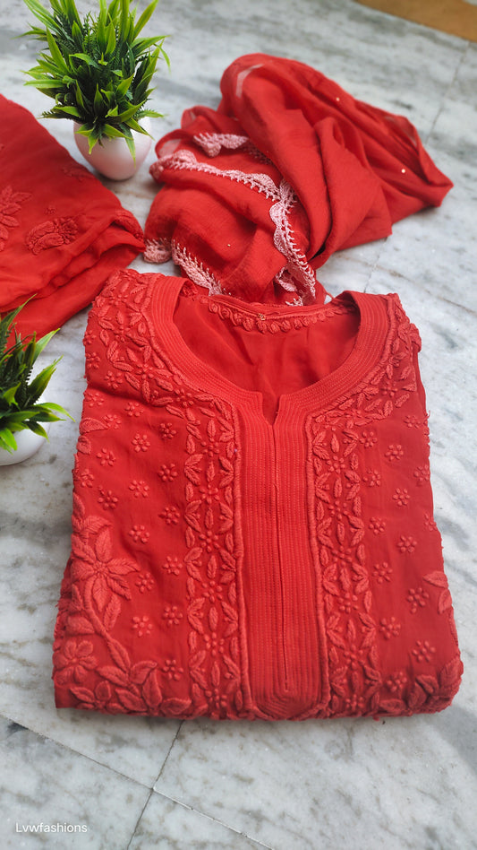 Ared silk Chikankari kurta set by LVW Fashions featuring intricate hand-stitched Lucknow chikankari embroidery in Chilly Red.