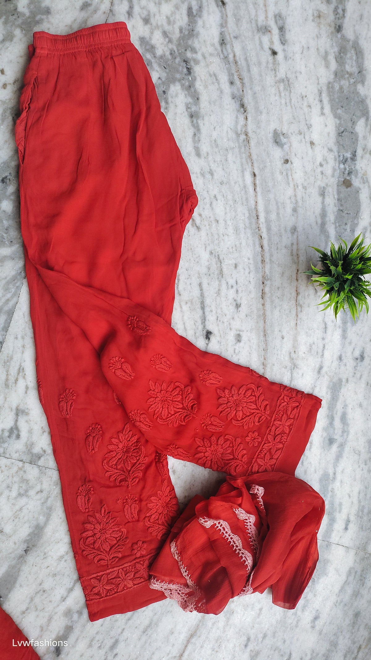 Adaya Chilly Red premium silk Chikankari kurta set by LVW Fashions, featuring intricate Lucknow chikankari embroidery.