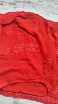 Adaya Chilly Red premium silk chikankari kurta set with intricate hand-stitched Lucknow chikankari detailing, designed by LVW Fashions.