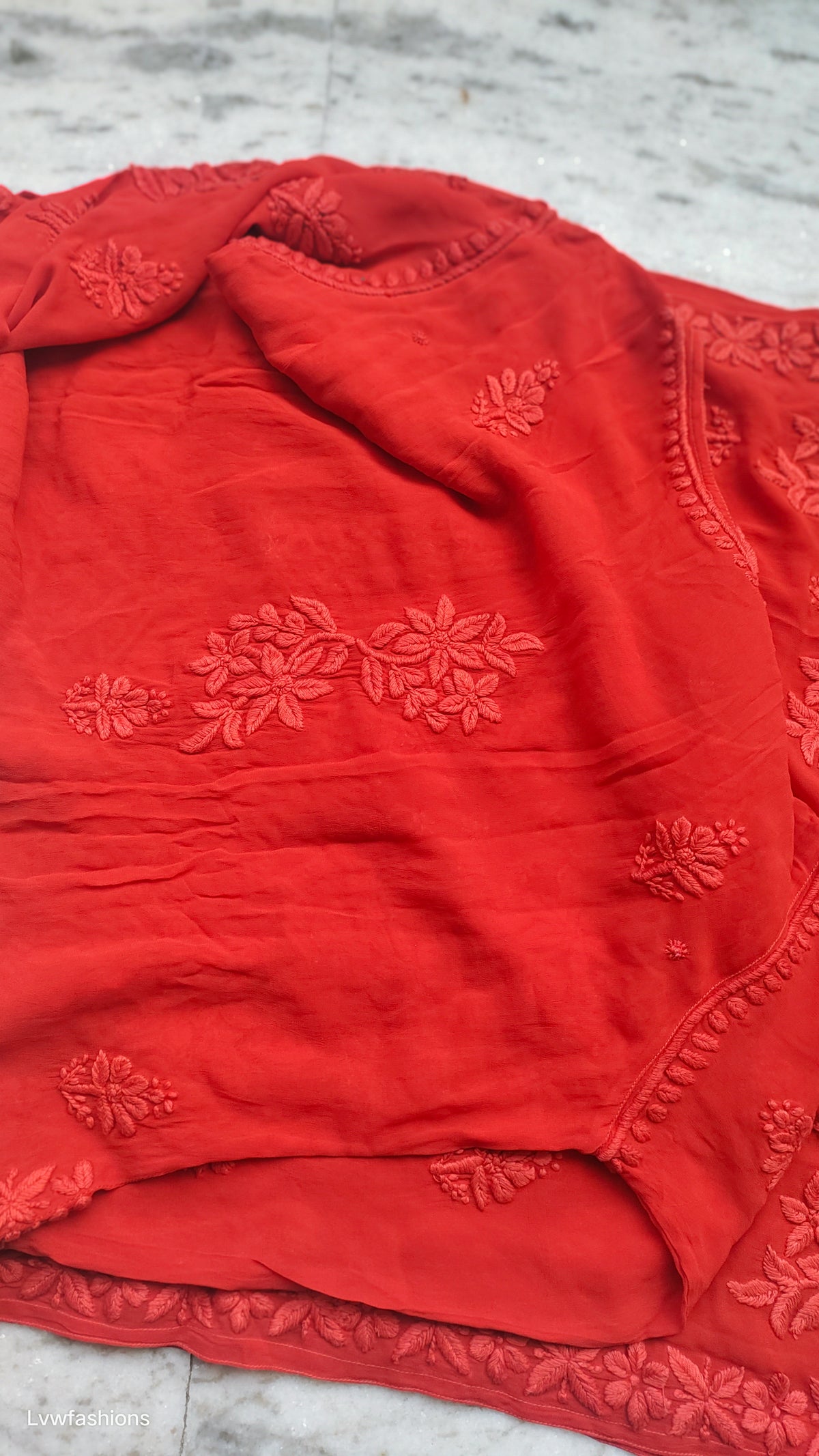 Adaya Chilly Red premium silk chikankari kurta set with intricate hand-stitched Lucknow chikankari detailing, designed by LVW Fashions.