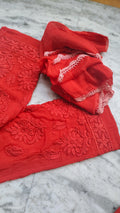 Adaya Chilly Red premium silk Chikankari kurta set by LVW Fashions, featuring intricate handmade Lucknow Chikankari embroidery.