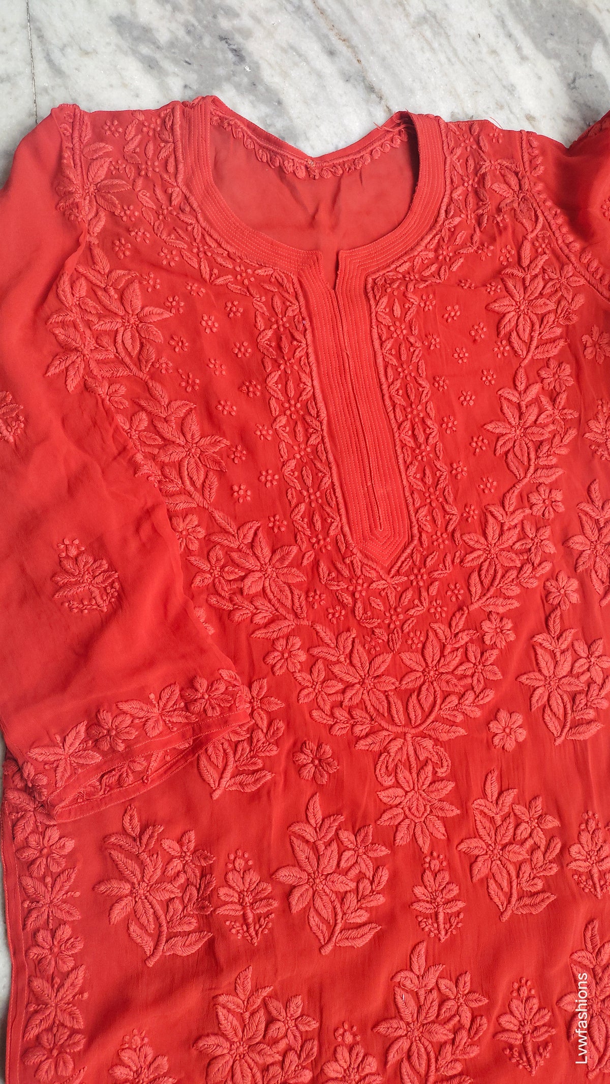Adaya Chilly Red premium silk Chikankari Kurta set by LVW Fashions, featuring intricate handmade Lucknow Chikankari embroidery.